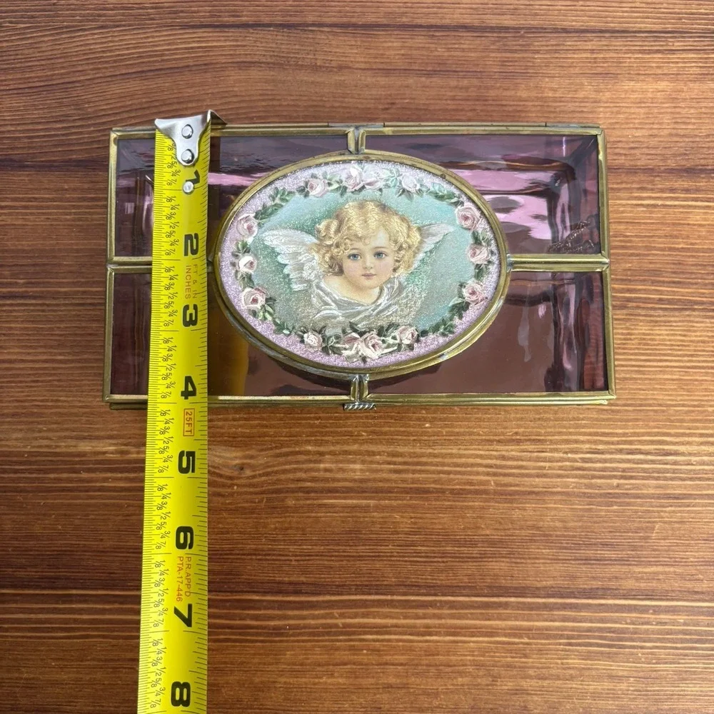 Enesco Amethyst Pink Stained Glass Jewelry Box Cherub Angel Roses Trinket Box